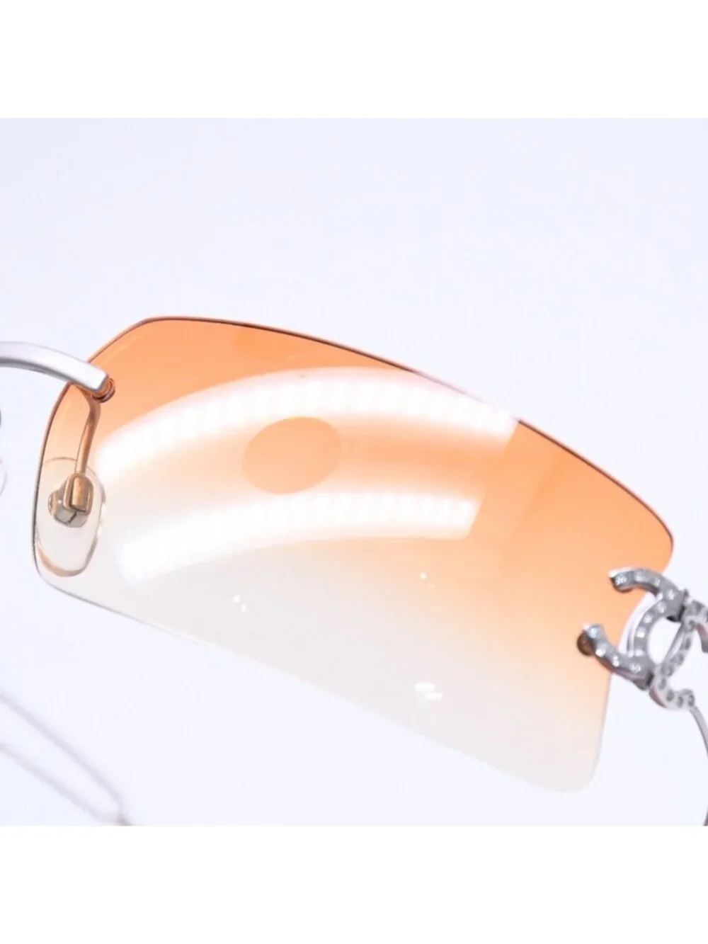 Chanel Rimless Sunglasses Orange Gradient Lens Rhinestone CC Logo Silver Eyewear
